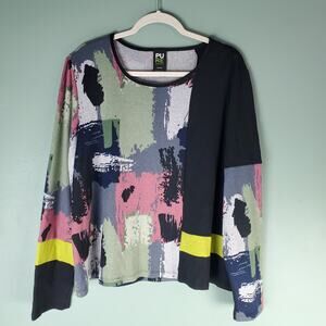Pure Essence Womens Multicolor Abstract Artsy Long Sleeve Top Size XXL